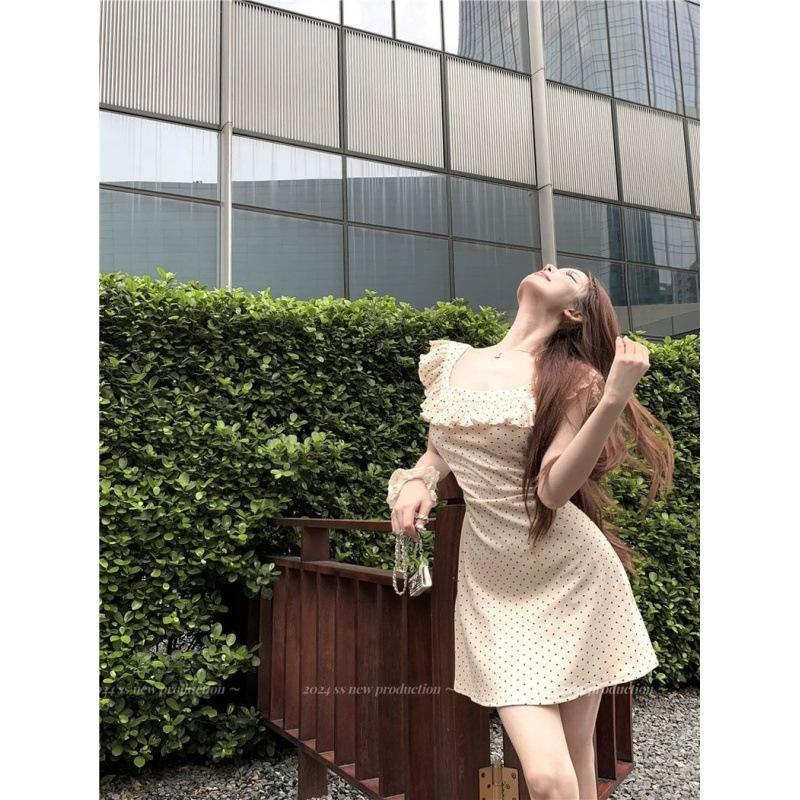 White polka dot small flying sleeve vest dress women s summer ruffle edge waist skirt temperament slim skirt S