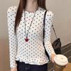 Women's Slim Fit Long Sleeve T-Shirt with White Polka Dot Lace, Round Neck, and Plus Velvet for Autumn/Winter
