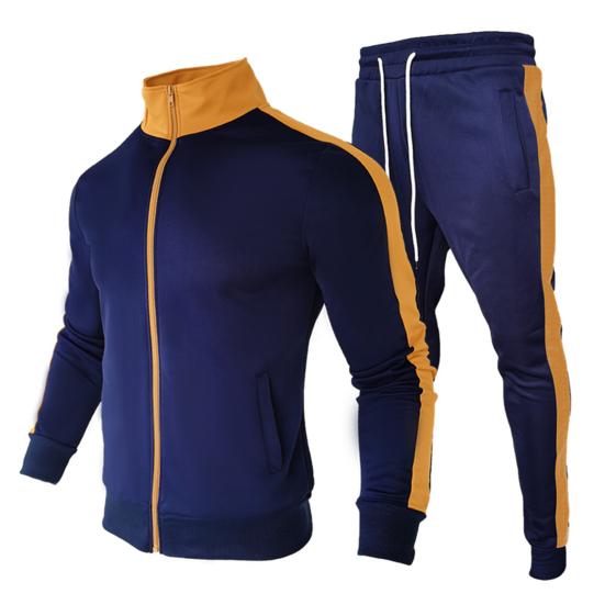 2Pcs/Set Stand Collar Long Sleeve Multi Pockets Zipper Placket Jacket Sweatpants Set Men Autumn Striped Patchwork Slim Tracksuit Outfit