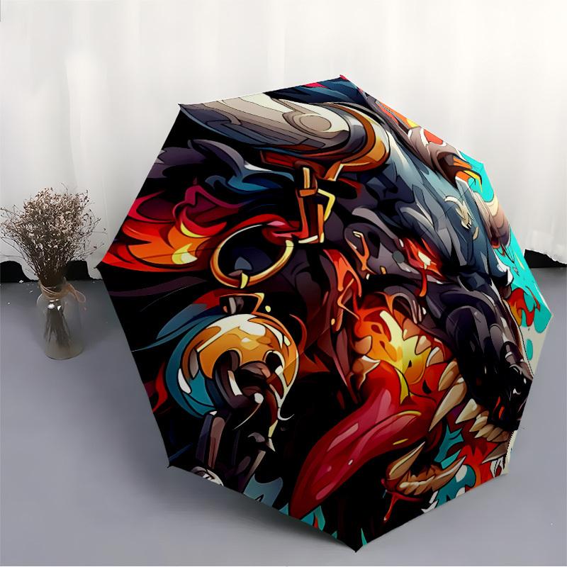 1pc Bull Flames Automatic Folding Umbrella - Design, Durable Iron Frame for Travel, Outdoor, Beach Fashion Accessory A0920031