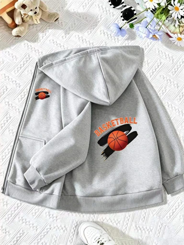 Kids Zip Up Hooded Jacket Basketball Brush Stroke Graphic Long Sleeve Casual Sports Hoodie For Boys Daily Training Outdoor Outfi