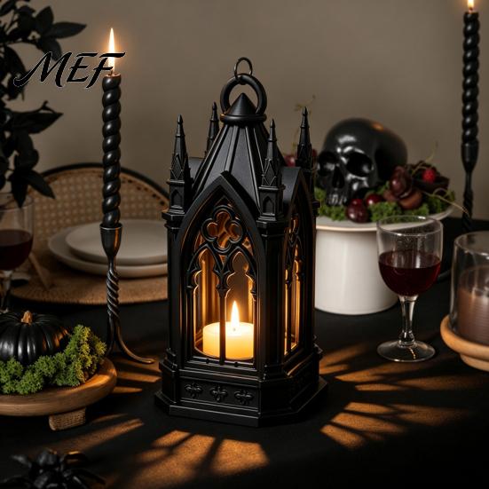 Colorful Balcony Figurine Gothic Cathedral LED Candle Lantern, Church Shaped Flameless Tealight Lamp, Artistic Home Decor Spooky Vintage Desktop Night