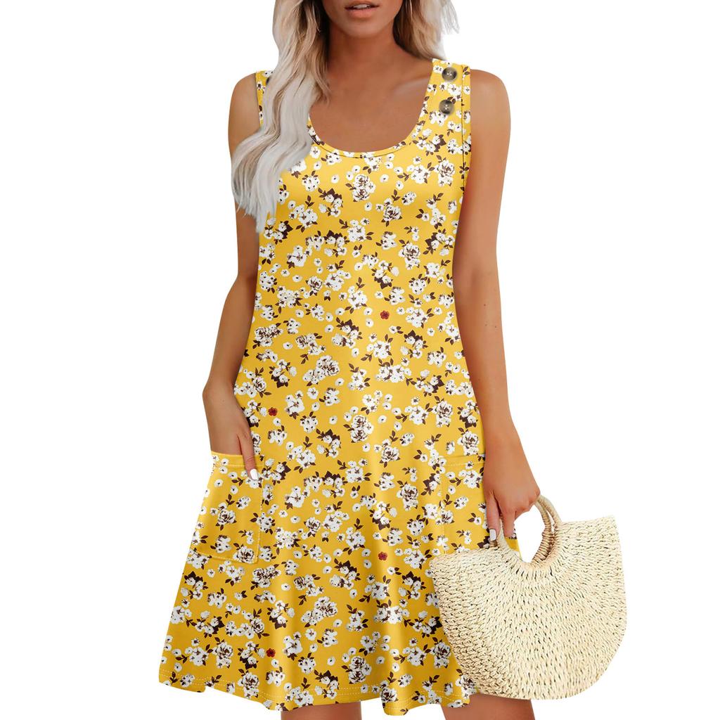 Summer Dresses For Women Beach Boho Sleeveless Printing Flowy Pocket Tshirt Tank Sundresses