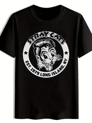 Retro Rock Band Graphic T-shirt - Black Short Sleeve Crew Neck with "STRAY CATS" Design