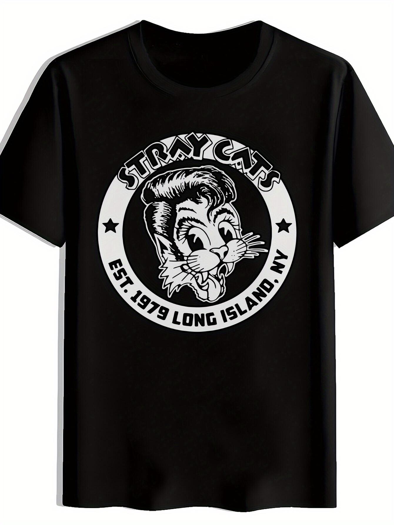 

Retro Rock Band Graphic T-shirt - Black Short Sleeve Crew Neck with STRAY CATS Design XXXXL