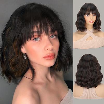 Synthetic Wavy Wig With Bangs Soft Curly Extensions Short Wavy Curly Wigs For Women Cosplay Daily Wear
