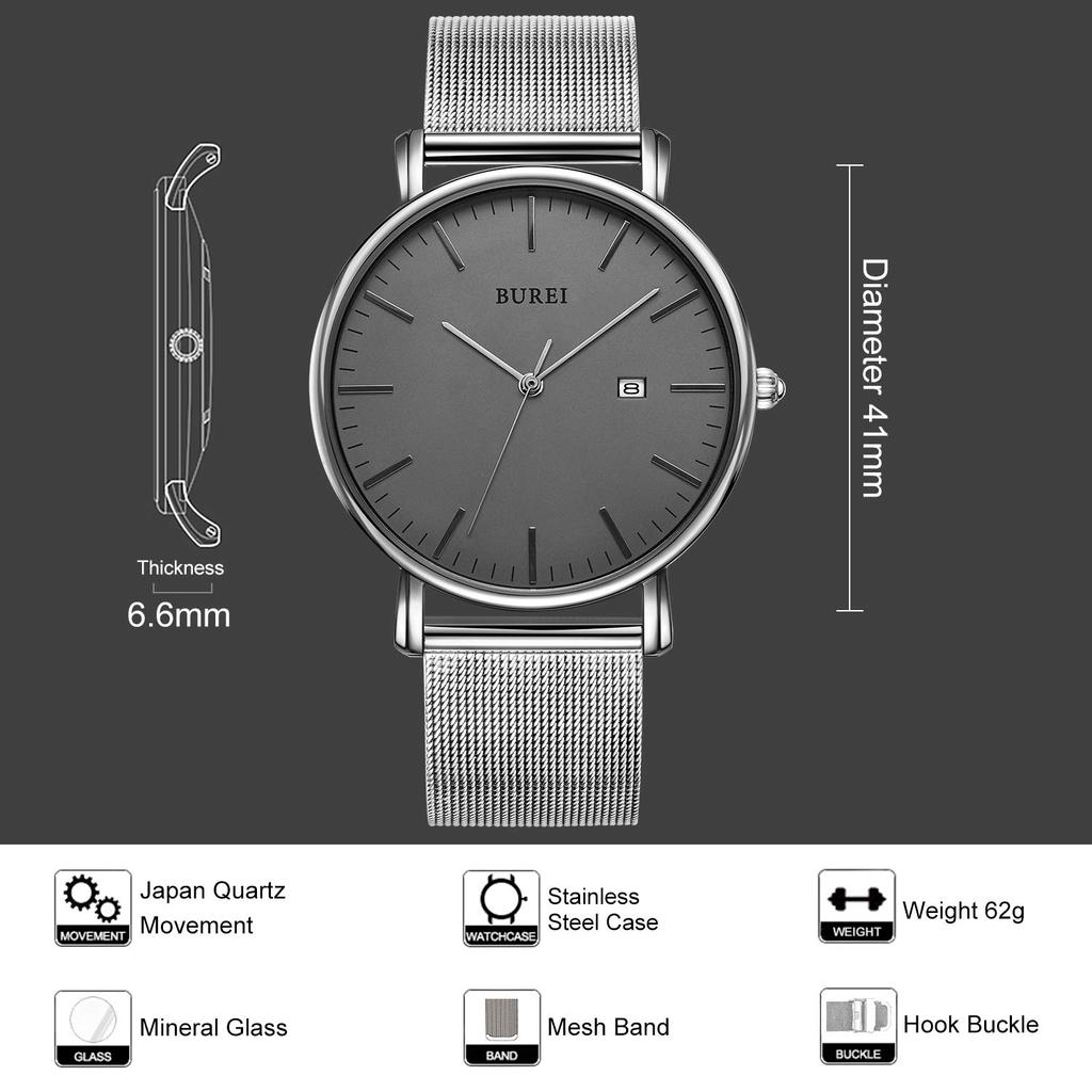 BUREI Men's Watch, Simple, Waterproof, Analog, Popular, Stylish, Silver Milanese Design with Mesh Strap [Parallel Import]