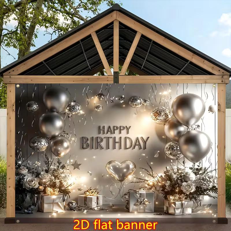 2D Silver Happy Birthday Backdrop, Metallic Balloon Floral Party Photography Background