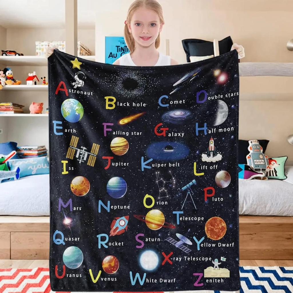 Kids Outer Space Astronaut Blanket, ABC Planet Blanket, Spaceship Rocket Blanket, Solar System Gift, Soft Flannel Blanket