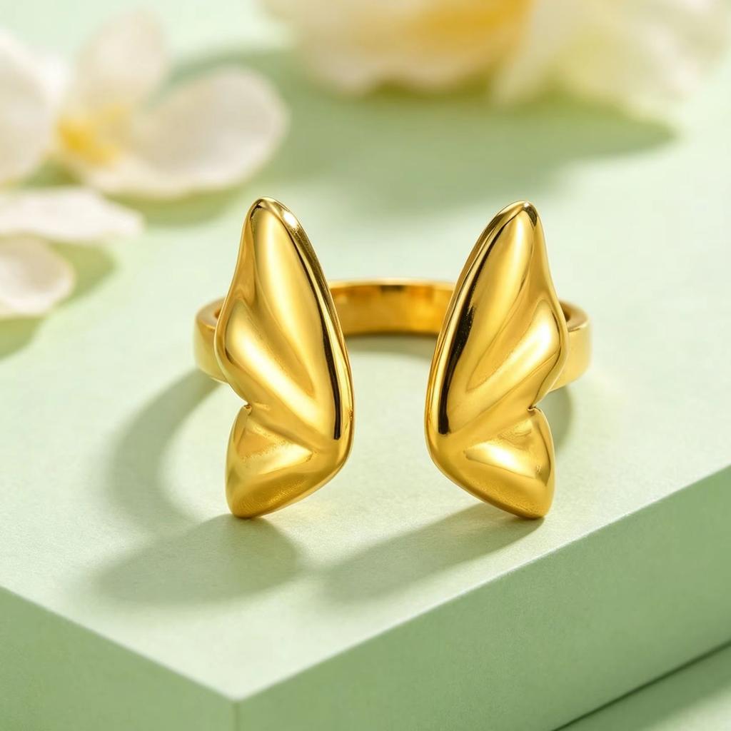 Vintage Butterfly Ring 18K Gold Plated Jewelry Women's Stainless Steel Open Rings Smooth Accessories Birthday Gift