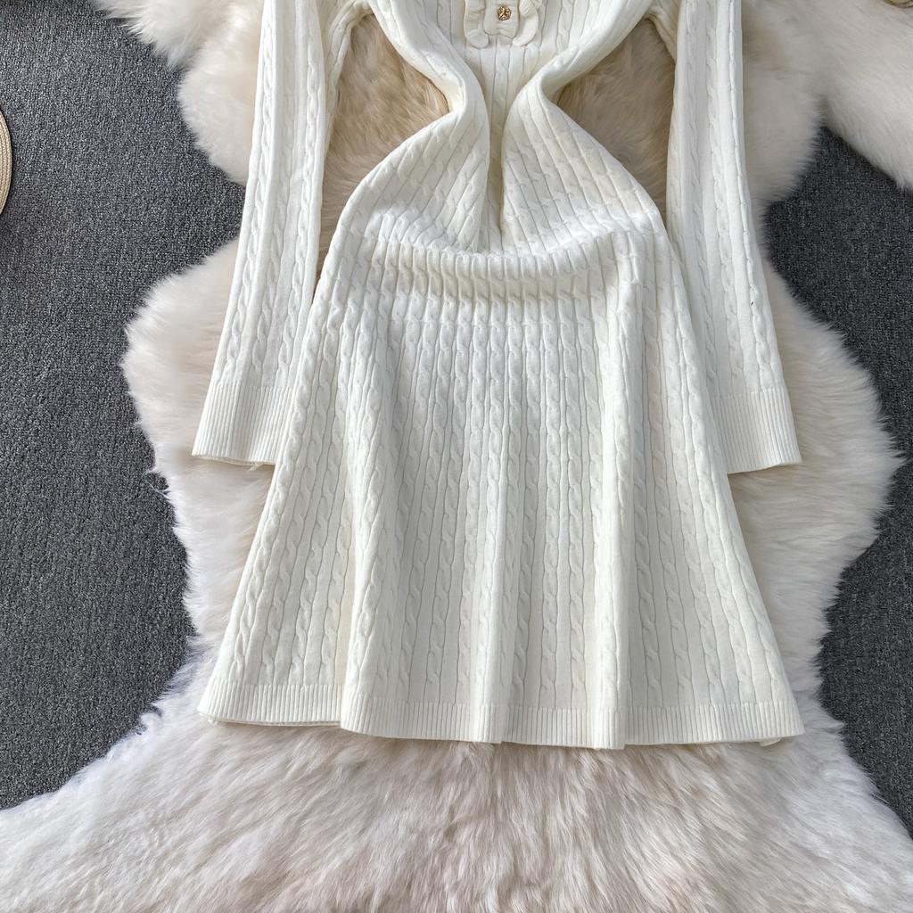 Autumn Winter High Waist Polo Knitted Umbrella Dresses  New Long Sleeve Casual Loose Sweater A-line Dresses Female