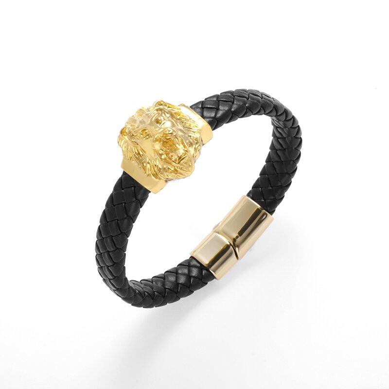 New Punk Style Lion Head Single Layer Handwoven Leather Bracelet Men\'s Domineering Animal Lion Bracelet Casual Jewelry Gift