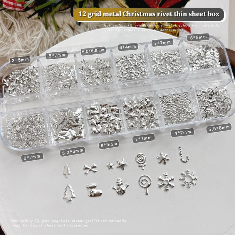 12 Grids Christmas Metal Slice Xmas Tree Snowflake Lollipop Gear Star Gold Silver Nail Art Sequins Decorations Manicure Charms