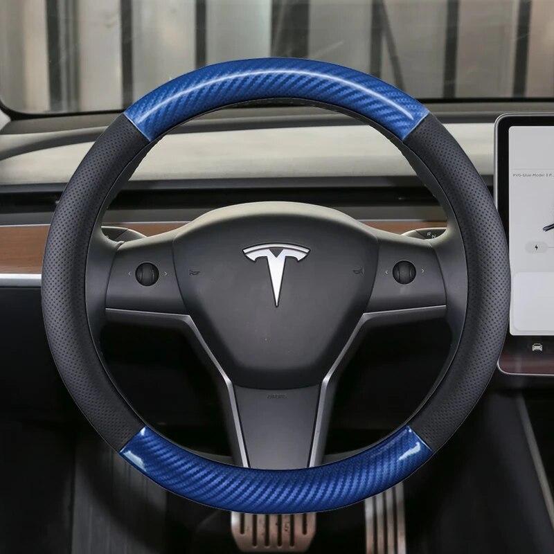 Kohlefaser +Echtleder Auto Lenkradabdeckung Rutschfest Für Tesla Model 3 2016 2018 Autozubehör