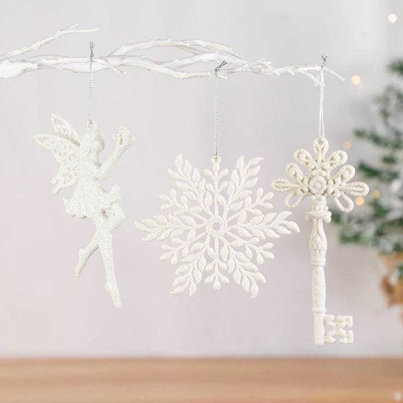 White Glitter Christmas Tree Hanging Ornaments Snowflake Angel Elk Pendants New Year Party Home Xmas Tree Decorations Kids Gift