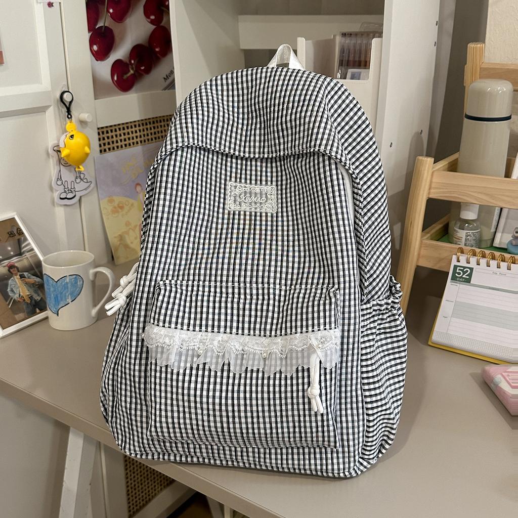 Schoolbag Harajuku ins wind female middle school student schoolbag female plaid lightweight backpack high value lace versatile backpack