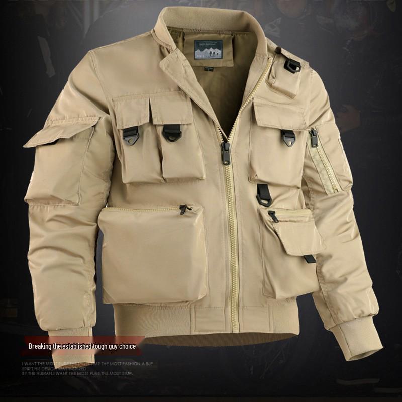 

Men s Cross-Border Bomber Jacket - Functional Multi-Pocket Baseball Coat & Windbreaker XL хаки