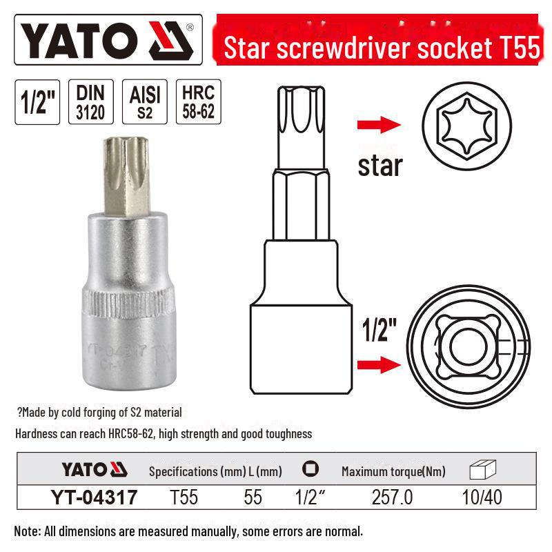 YATO 1/2" Star Screwdriver Socket Set, Chrome Vanadium Steel, S2 Head