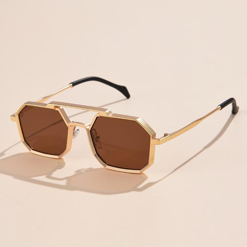 1/2pcs New Double Beam Metal Large Frame Polygon Sunglasses Fashion Women Men Sun Glasses Black Brown Mirror Eyewear UV400