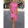 Sommer Kurzarm Casual Shirt Kleid Frauen Elegante Revers Lace Up A-linie Kleid Weibliche Button Up Fashion Party Lose Lange kleider Kleidung 805
