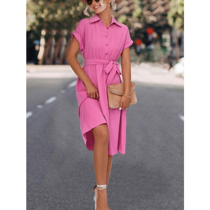 Rochie cămașă casual cu mânecă scurtă de vară Femei Elegantă cu rever șiret Rochie în linie A pentru femeie, cu nasturi, la modă, la petrecere, Rochii lungi largi Haine 805