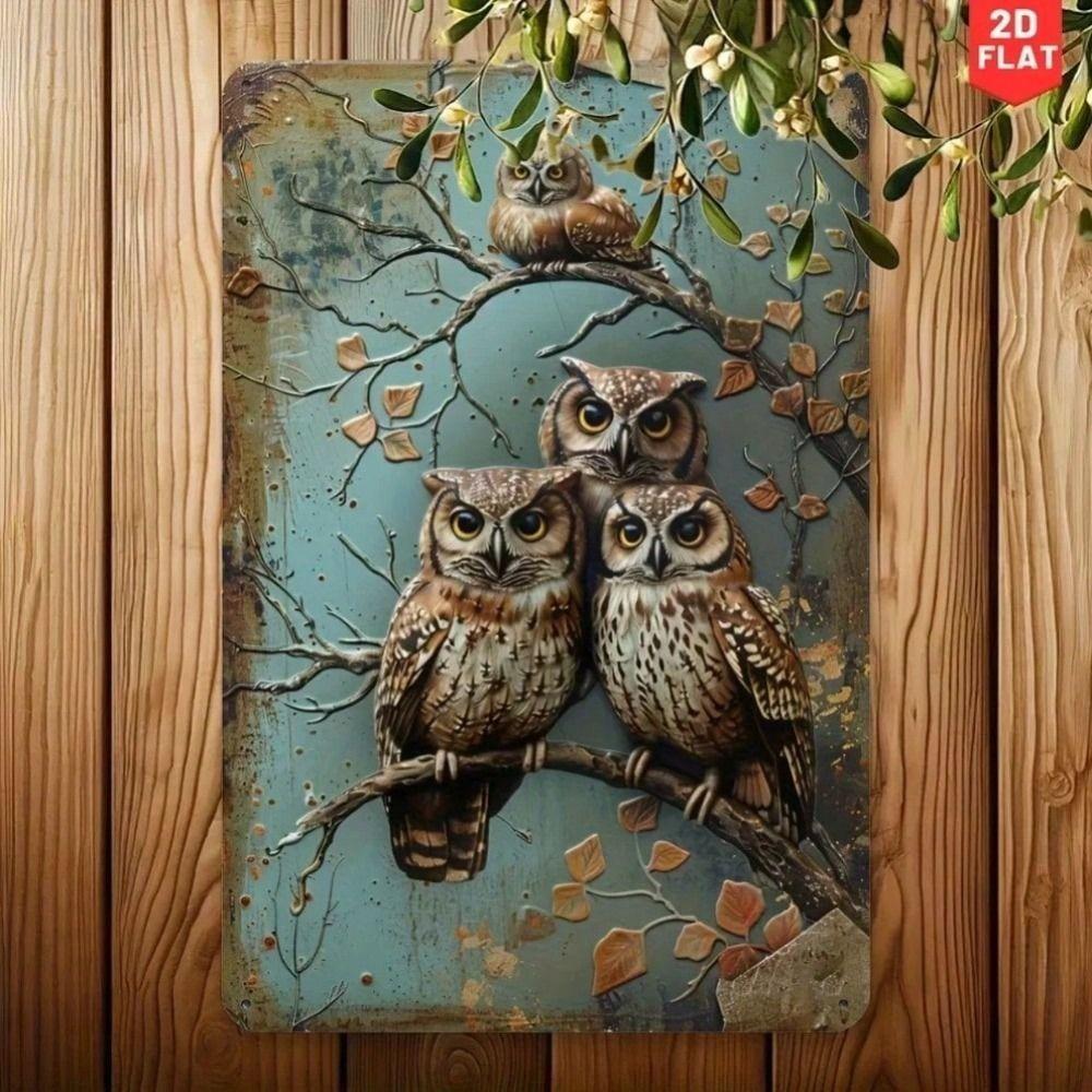 Vintage Owl Metal Poster Wall Art Blue Brown Rustic Home Decor Office Sign