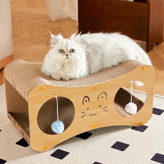 Cat Scratcher House Double Layers Corrugated Paper Scratch Cardboard Lounge Bed 2-in-1 Indoor Cats Scratching Board House with Interactive Ball