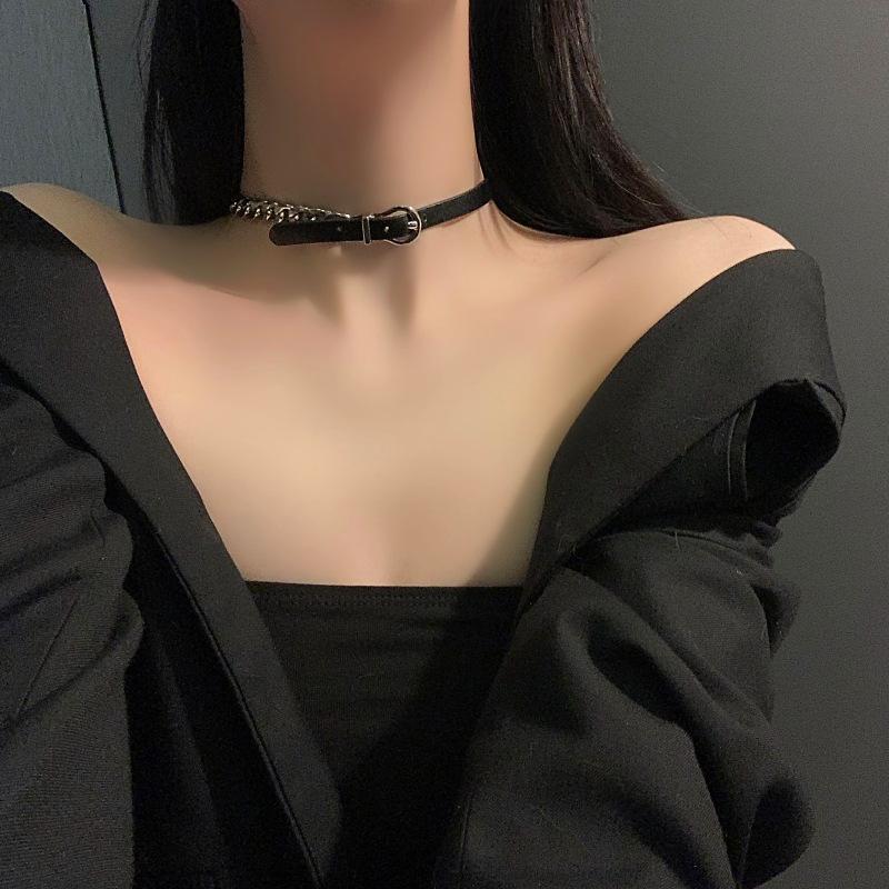 Black Leather Choker Necklace - Elegant Women's Neck Accessory
