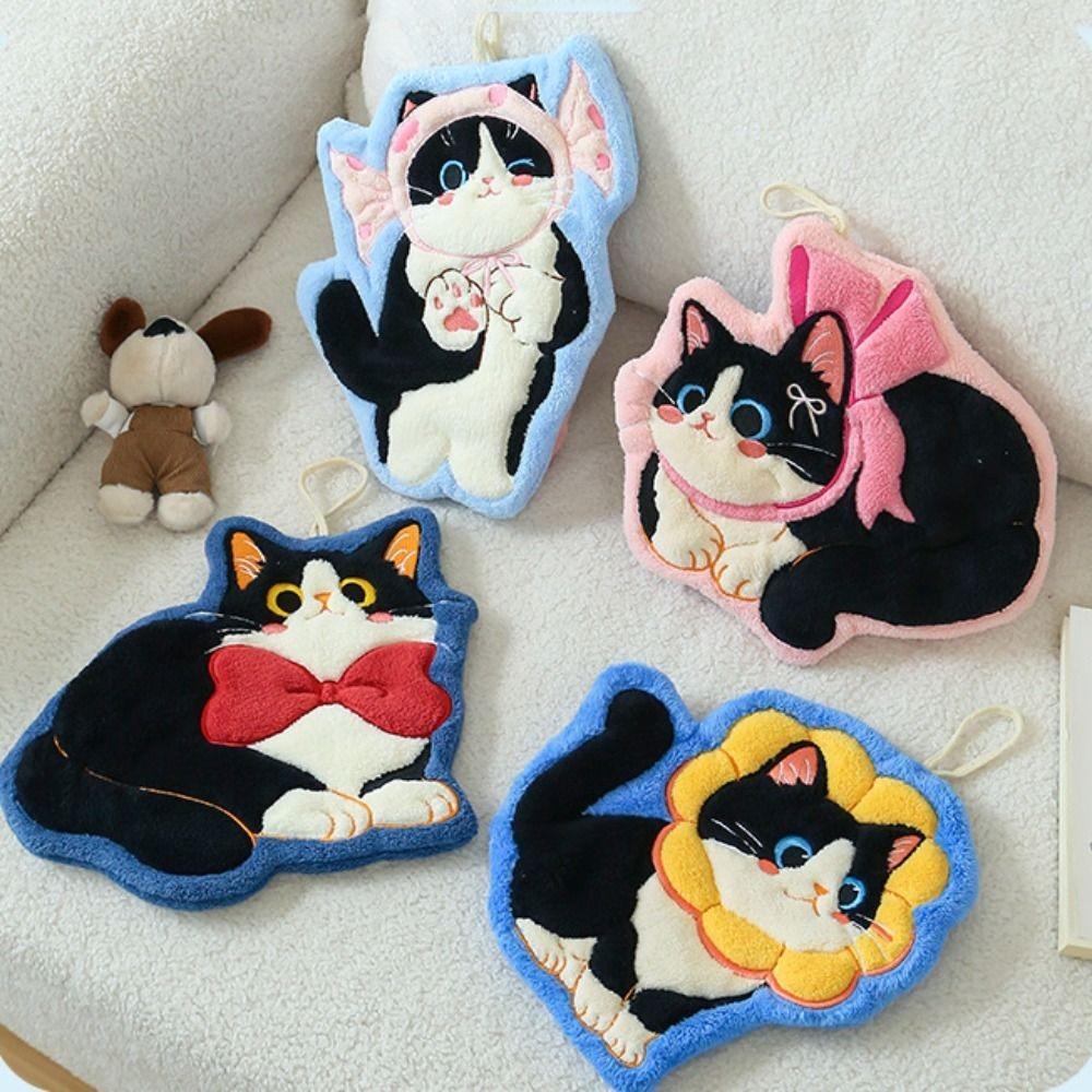 2pcs Water Absorption Cartoon Cat Hand Towel Coral Fleece Kitchen Handkerchief  Dinning Table