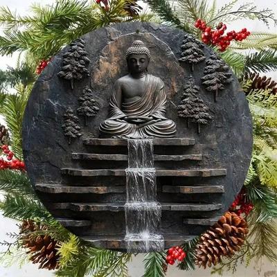 Meditierender Mönch Wasserfall Metall Wandkunst, Vintage Garten Dekoration Außen