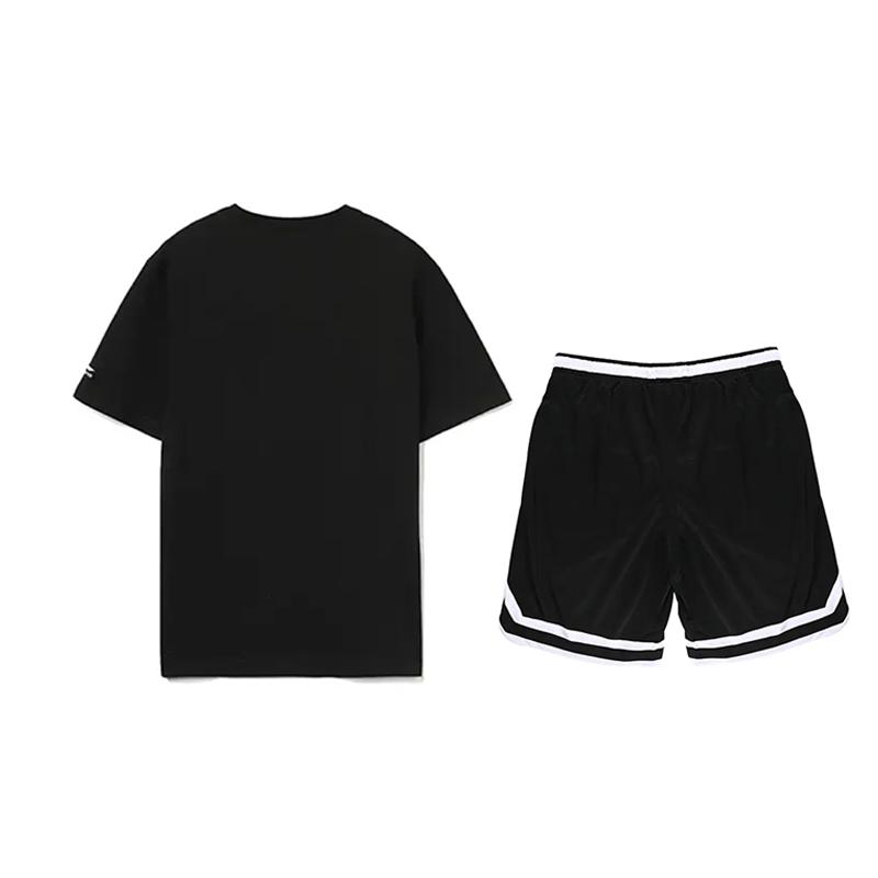 Li-Ning College Style Knitted Breathable Short Sleeve Solid Color Fashion Comfortable Shorts Casual Sports Suit Unisex Suit Black AHST821-2+YAPV001-1