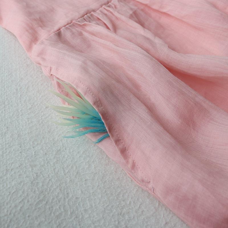 V-neck embroidered slim dress cotton and linen five-quarter-sleeved long dress loose and elegant fairy beauty solid color beach dress woman