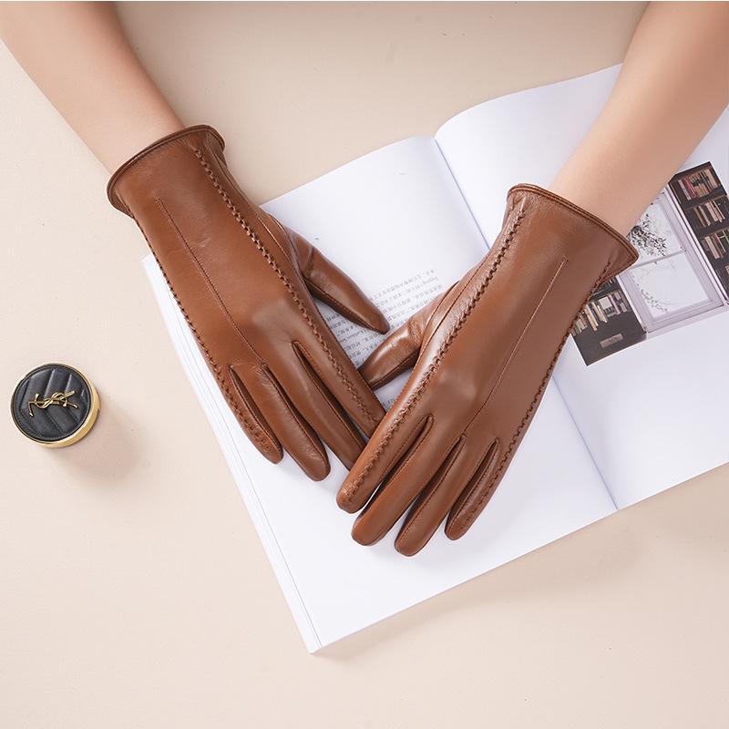 Women's Winter Warm Lambskin Leather Gloves - Windproof, Thickened, Touchscreen, Short, Trendy, Light Luxury for Motorcycle Riding