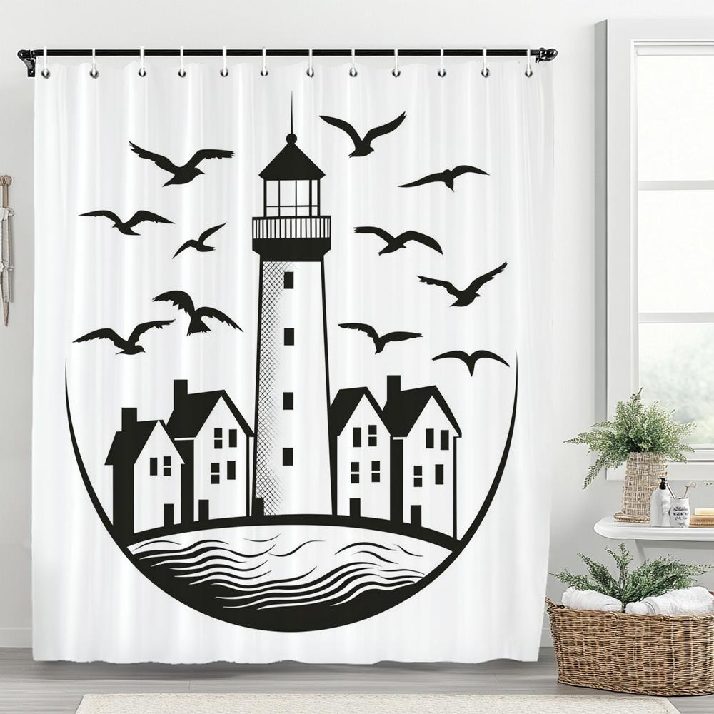 Simple Ocean Lighthouse Style Printing Shower Curtain, Bathroom Decorative Shower Curtain, Waterproof Shower Curtain with Hooks