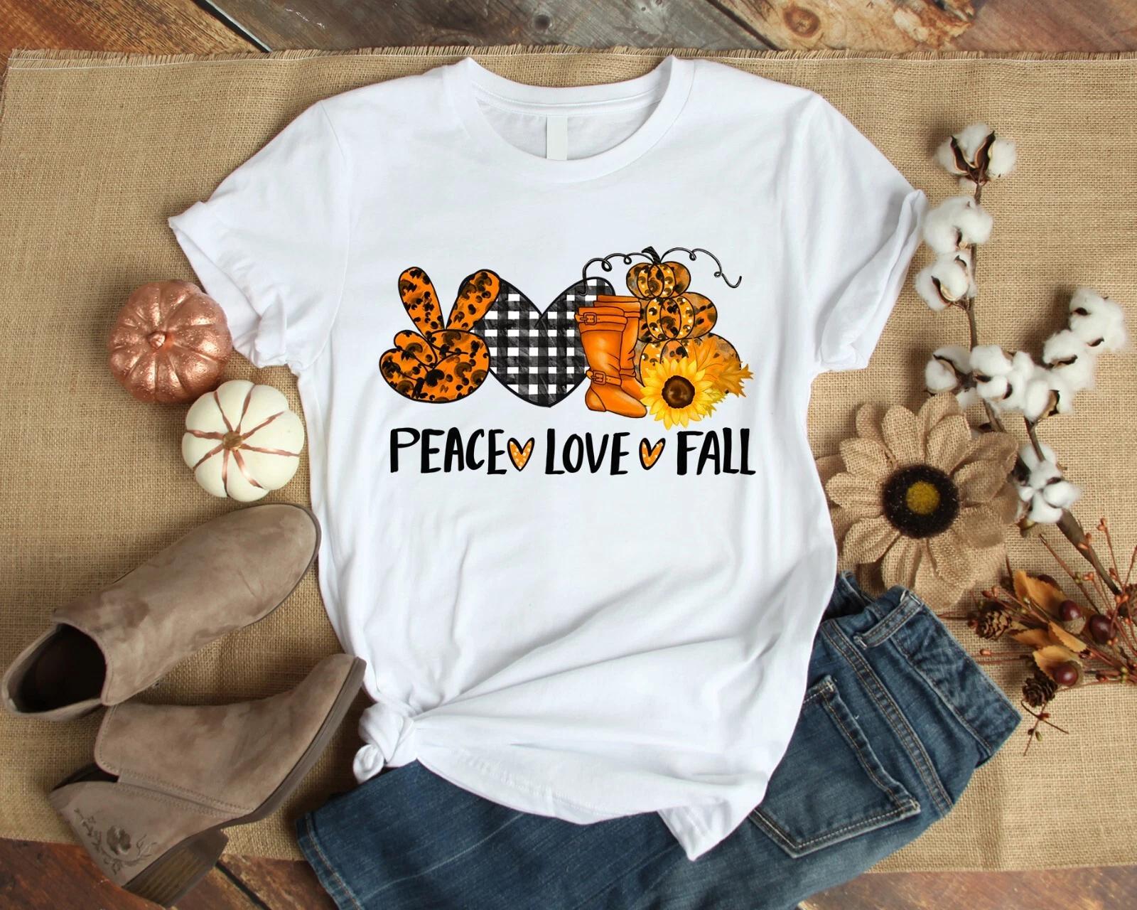 Peace Love Fall Sunflower Autumn Fall Halloween Men s and Women s T-shirts M