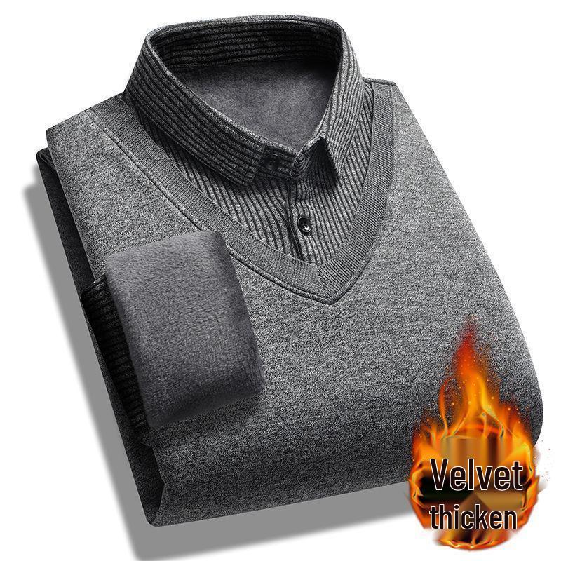 Pull d'hiver doublé polaire pour homme: Chaud Pull Deux-en-Un à Manches Longues pour l'Extérieur, Parfait pour les Pères d'Âge Moyen et les Personnes Âgées.