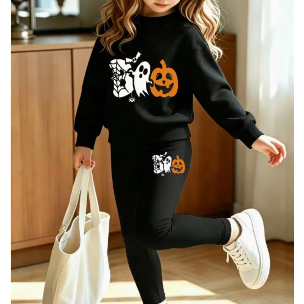 Girls' Halloween Pumpkin Casual Comfortable Soft Loose Pullover Sweatshirt and Leggings 2-Piece Set, New Autumn/Winter, Playful, Sweet and Cool Style