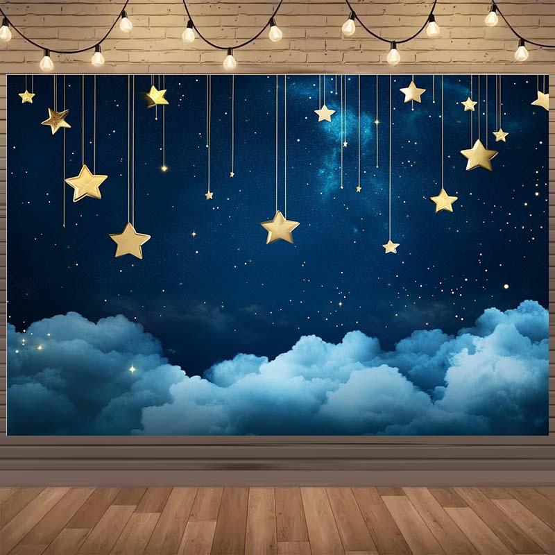 1 Starry Night Sky with Clouds and Hanging Stars Theme Background, Suitable for Photography, Events, and Parties