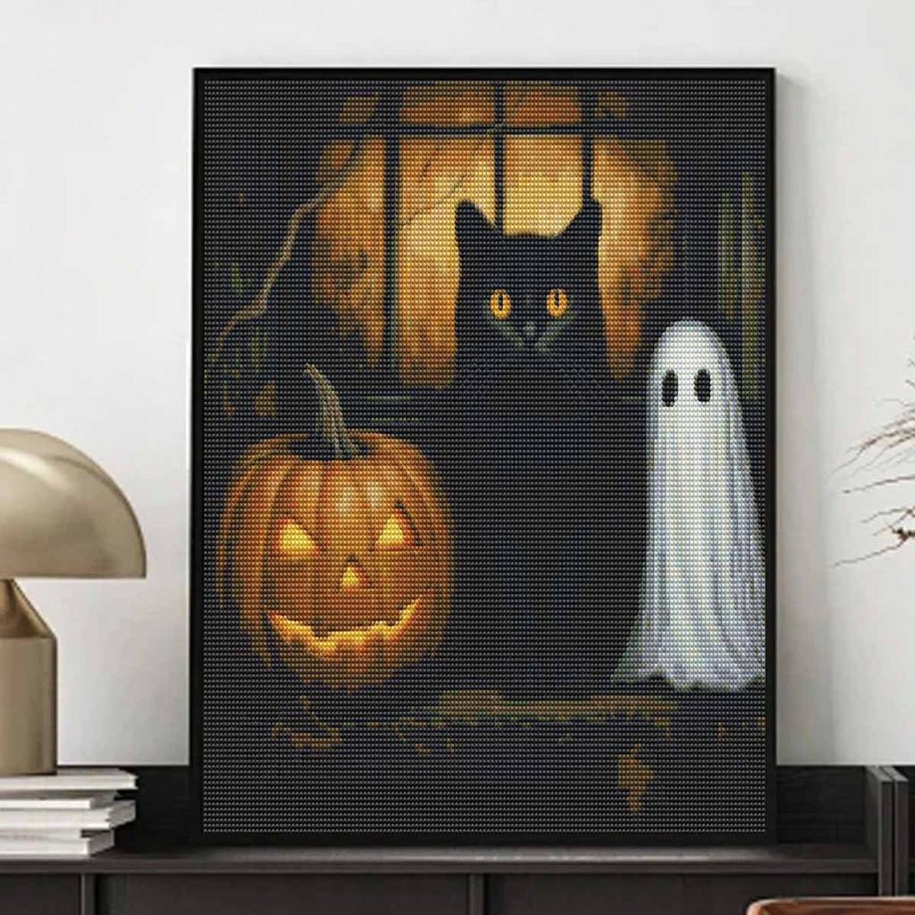 Halloween 5D DIY Diamond Art Painting Kit Black Cat Pumpkin Wall Decor Handmade Gift for Home Crafting Projects Room Wall Decoration
