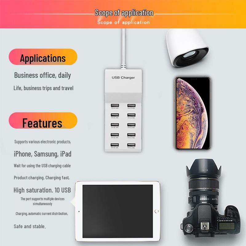 10-Port USB Power Strip Charger: Fast 5V2A Smart Charging for Huawei, Apple, Xiaomi Phones