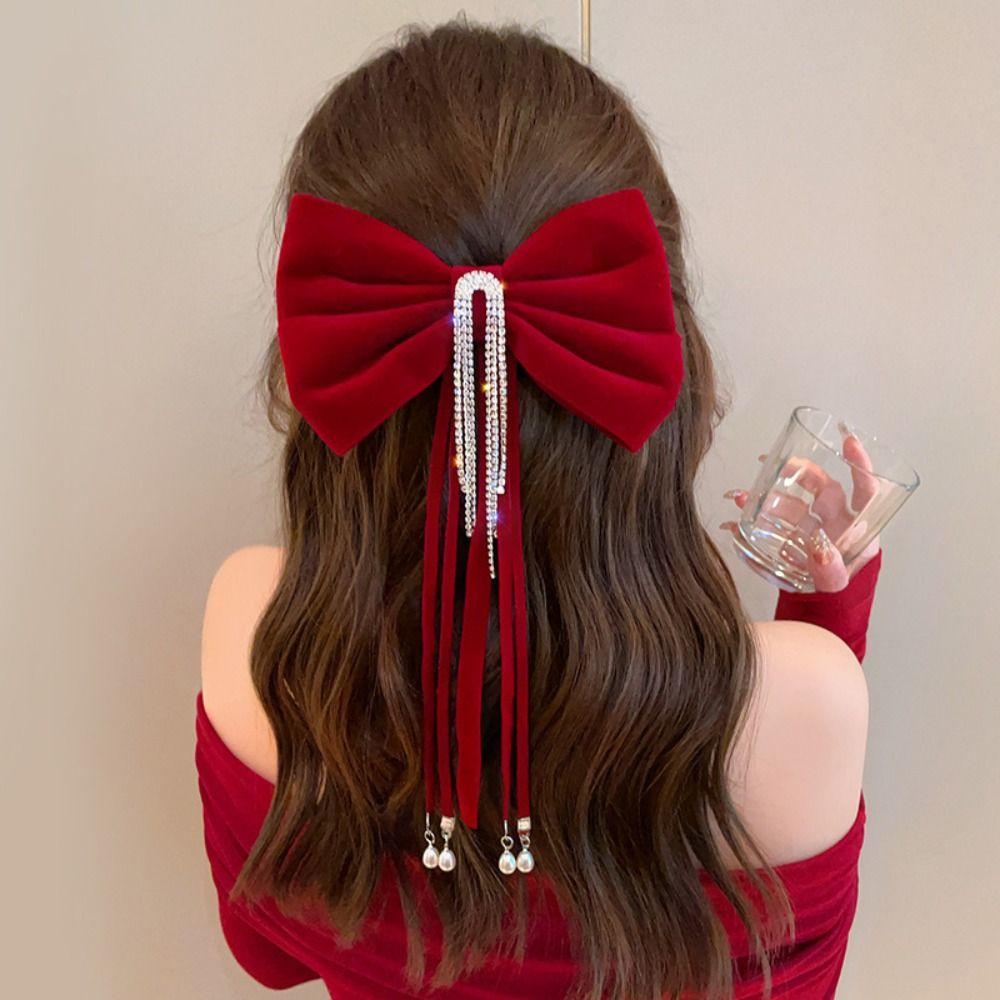 Cloth Red Velvet Bow Hair Clip Wine Red New Year Hairpin Sweet Bowknot Spring Clip  Girls