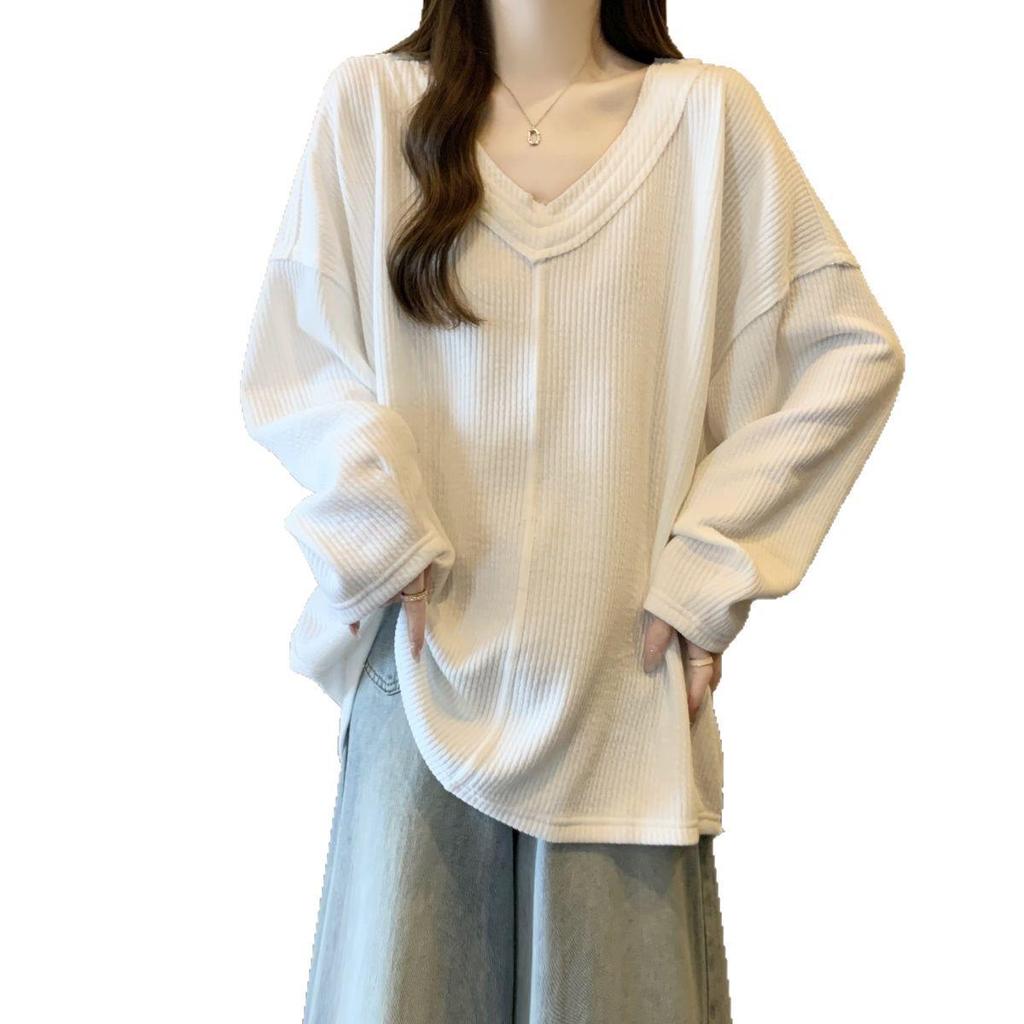 Ribbed V-Neck Long-Sleeve Women's Loose T-Shirt, 2025 Autumn Collection