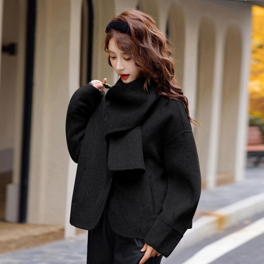 Pink double-sided wool coat women's short autumn and winter temperament sweet design scarf wool coat