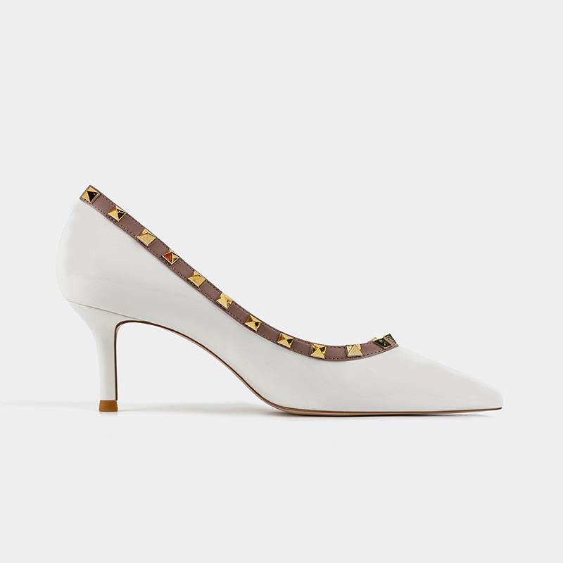 2025 Spring Arrival: Women s Riveted Patent Leather Pointed Toe Nude Stiletto Flats - Versatile Wedding & Celebrity Style Heels 40