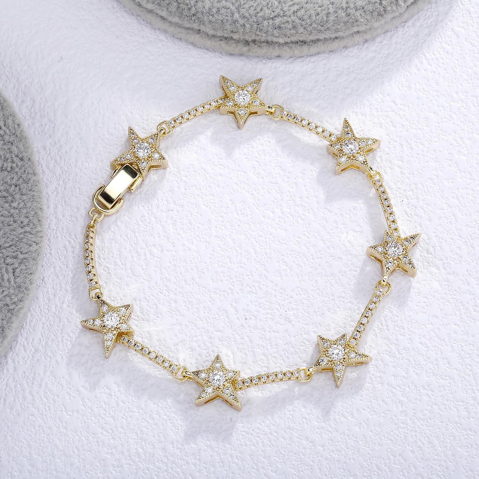 

Full Zircon Star Shape Bracelet For Women Men Hip Hop Rock Style Gold Color Bling Bling Zircon Charm Bangle Hand Jewelry Gifts 7 inches