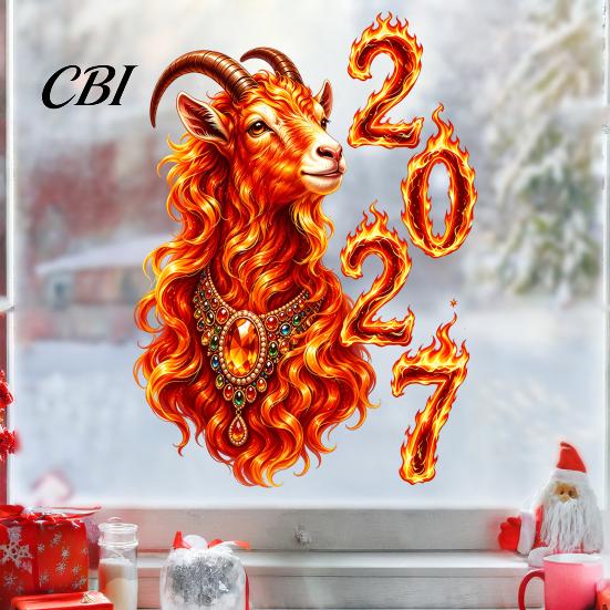 Static Glass Clings 2027 Year of Goat Window Cling, Lunar New Zodiac Flame Digital Design Decals Sticker, Style Spring Festival Door Decor for