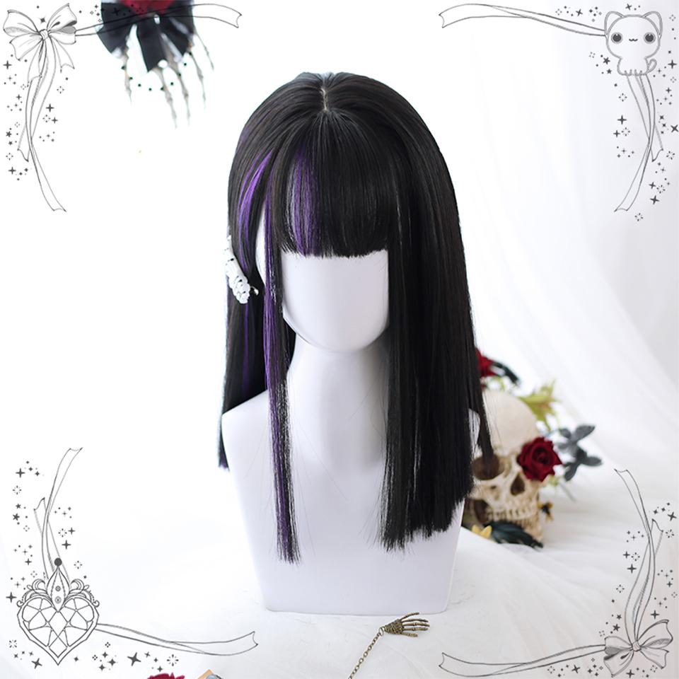 Long Ombre Colorful Synthetic Cosplay Lolita Harajuku Wig With Bangs Natural Wavy Wigs Black Highlights Purple Daily Wig