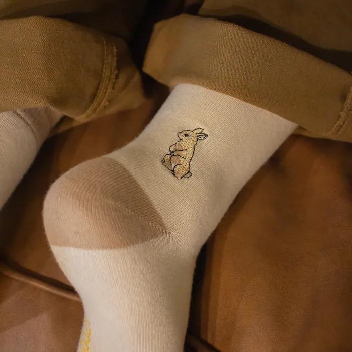 Rabbit Embroidered Socks - Beige Sand