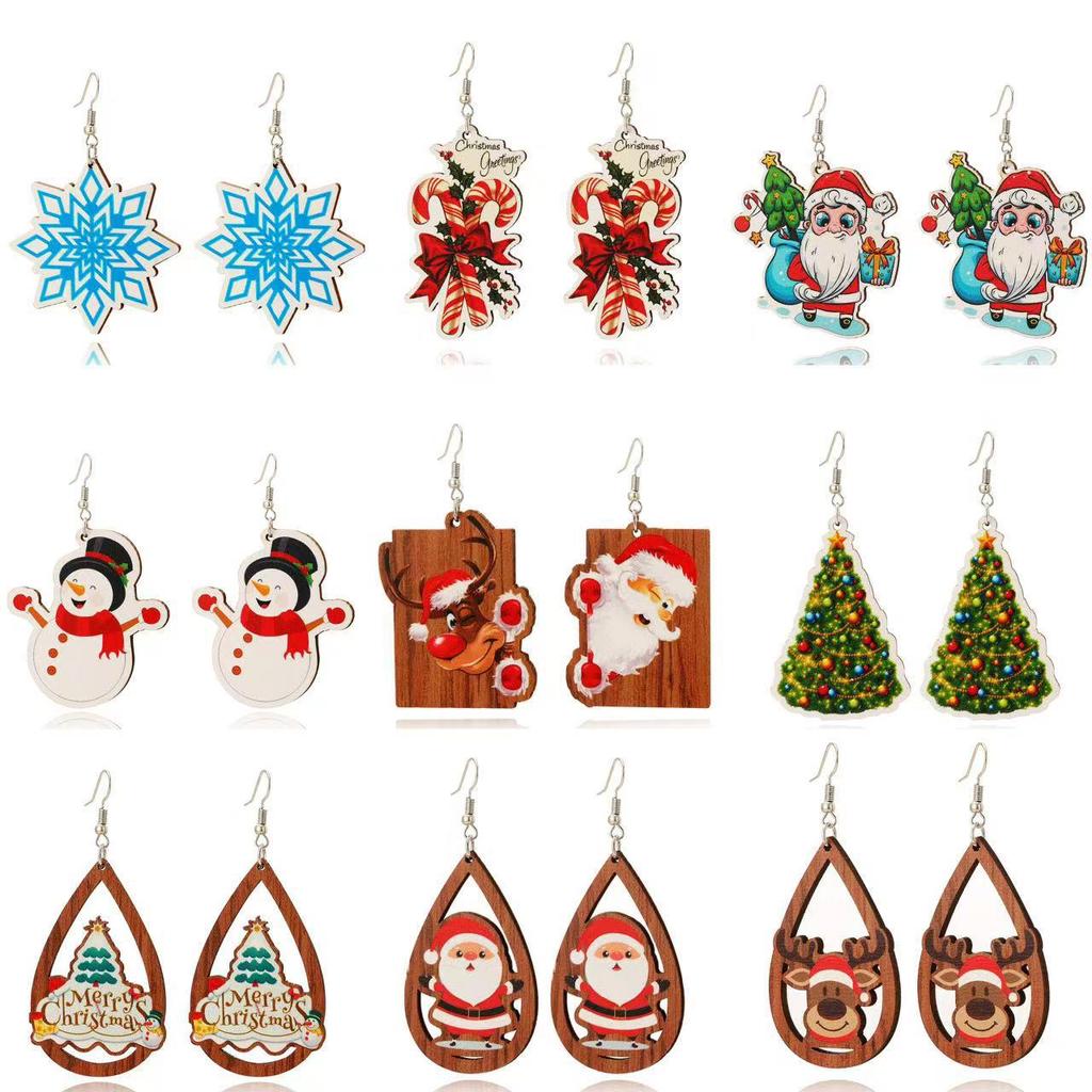 Trendy Snowflake & Santa Wooden Christmas Earrings