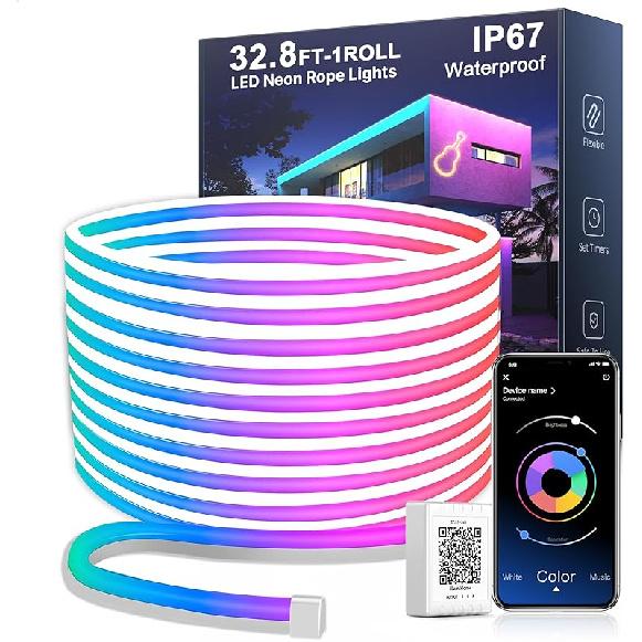 Nexillumi 32.8FT Neon LED Rope Lights IP67 Waterproof LED Lights for Bedroom Flexible LED Light Strip with Remote and APP Control RGB Lighting Strip
